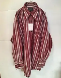 【タグ付き】ストライプ　長袖シャツ　エンジ　ドレスシャツ