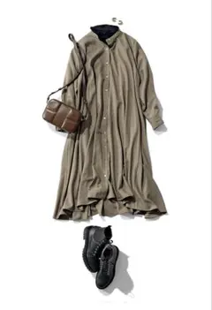 ミズイロインド　スタンドカラーフレアワンピース ベージュ