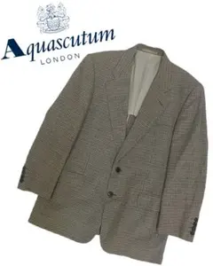 【Aquascutum 】ウール地カーキチェック柄テーラードジャケットL寸j52