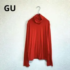 GU ソフトリブロングTシャツ タートルネック レッド L