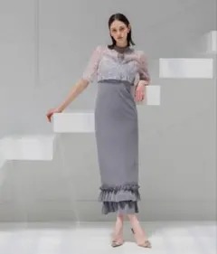 【LEJA】フラワースパンコールチュールフリルIラインドレスワンピース2点セット