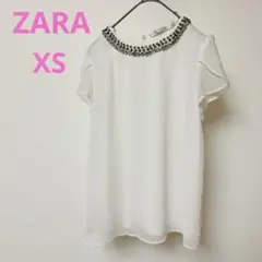ZALA TRAFALUC ザラ ビジュー付きホワイト半袖トップス シフォンXSのサムネイル
