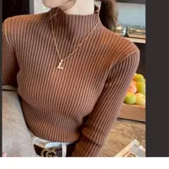 ハイネックセーター ブラウン リブ編み フリーサイズ ​