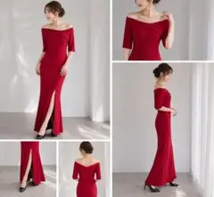 ロングドレス 赤 オフショルダー スリット パーティキャバラウンジドレス　S