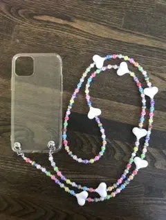 No.223 スマホショルダー ビーズストラップ　ストライプ　カラフル　ハート