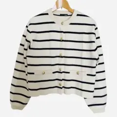 RANANラナン　ボーダー柄カーディガン　羽織　Ｍ　オフホワイト×黒　金ボタン