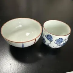 お茶碗 湯呑みセット 青い花模様と多色ストライプ