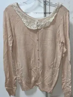 ハニーズ サーモン ピンク ニット カーディガン 襟 レース L ボタン 長袖