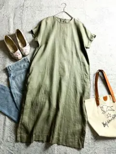 【ユナイテッドアローズ】リネン100% フレンチスリーブロングワンピース カーキ