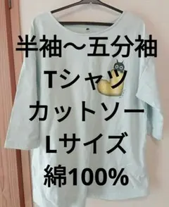 半袖 五分袖 Tシャツ カットソー Lサイズ 綿100% 水色 ねこ ネコ 猫