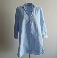 水色と白のストライプ 五分袖シャツ LL