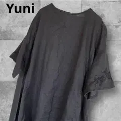 Yuni ユニ　リネン　半袖　刺繍ワンピース　ブラック　フリーサイズ