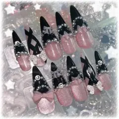 【現品】ネイルチップ リボン 地雷系 量産型 サブカル 平成女児 黒 ピンク