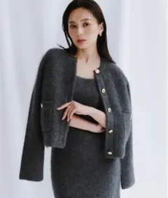 anuans カシミヤブレンドノーカラーニットジャケット GRAY グレー