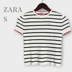 ザラ　ボーダーリブニット　サマーニット　スカラップ　半袖　ホワイト　S