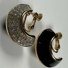 【ヴィンテージ】クレセント型 イヤリング ブラック エナメル ラインストーン