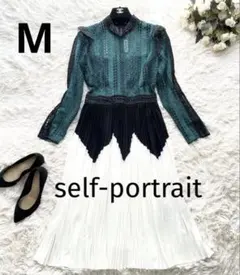 セルフポートレイト花柄レース刺繍ロングワンピースAライン プリーツM