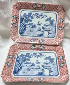 山水画風 染付 角皿 2枚セット 和食器
