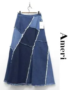 Q338/未使用 AMERI VINTAGE パッチワークデニムスカート M 青