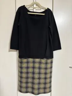 黒・チェック柄のひざ丈ワンピース　グリーンレーベルリラクシング