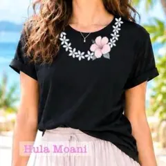 プルメリアのレイTシャツ♡XL♡背面デザイン♡フラダンス ハワイアン♡黒花 2Lのサムネイル