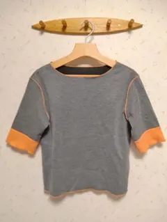 【美品】しまむら　グレー×オレンジ 配色リブカットソー 五分袖