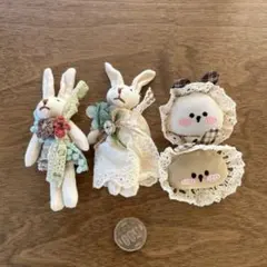 【ハンドメイド】うさぎのブローチ 4点セット レース・刺繍