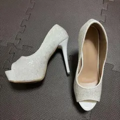 ホワイト グリッター オープントゥ ハイヒール