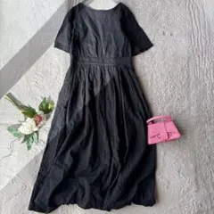 美品(M)半袖シャツワンピース/ロング/シャーリング/黒/カットオフ