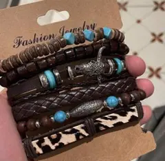 ボヘミアンブレスレット ターコイズ・ウッド・レザー調/腕輪 6本セット A