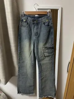カーゴスタイル デニムパンツ フリンジ裾