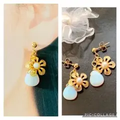 ホワイトオパールとフラワー 2 ピアス　イヤリング