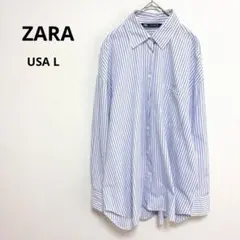 ZARA ポプリン ストライプ メタリックヤーン シャツ長袖 ブルー×ホワイトのサムネイル