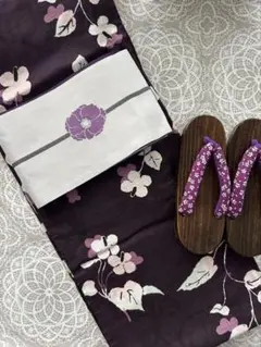 ベニ♪すずし 薄墨菊に縦縞と紅花☆大人浴衣 変り織り☆新品 浴衣 3点