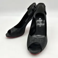 【極美品】ダイアナ パンプス 24 黒 ラメ レッドソール リボン オープントゥ