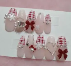 ネイル チップ 赤 ツイード 冬 量産型 フレンチガーリー ワンホン 現品