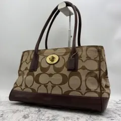 コーチ トートバッグ シグネチャー ターンロック キャンバス レザー A4可 茶