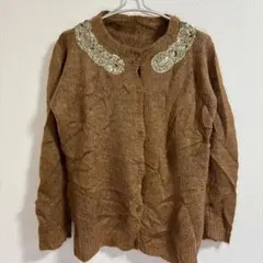 1点もの✨カーディガン ブラウン ビーズ装飾 レディース 長袖 海外古着