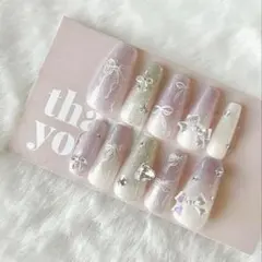 【現品】パープル　グリッター　キラキラ　韓国　ワンホン　リボン　ネイルチップ