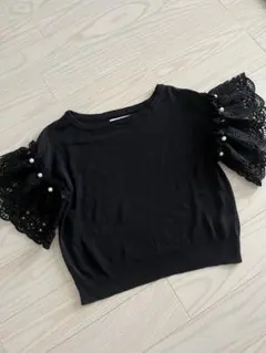 パール付きレースフリル袖　半袖ニット