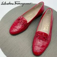 希少 美品 Salvatore Ferragamo 赤 ローファー ガンチーニ
