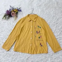 美品＊日本製　綿100　刺繍デザイン　長袖シャツ　ブラウス　ドット　マスタードM
