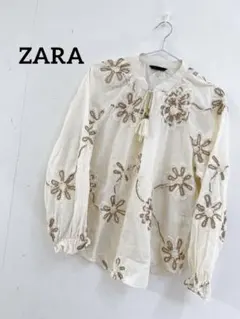 ZARA アイボリー刺繍長袖シャツ XS