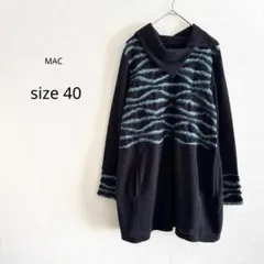 【MAC】 チュニック デザインニット ウール混 長袖 波模様 ネイビー 40