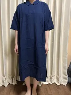 ネイビー シャツワンピース 半袖 サイドスリット