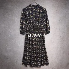 a.v.v 洗える プリント消しプリーツワンピース Aライン 七分袖 ネイビー