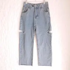 スプレイ ダメージジーンズ デニム サイドカット ワイド カットオフ