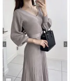 ベルト付きカシュクールプリーツニットワンピース[dr467]