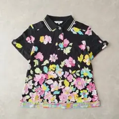 銀座マギー 花柄 半袖ブラウス ポロシャツ ネイビー コットン 
