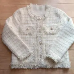 フリンジ付きチェック柄ノーカラージャケット　日本サイズL